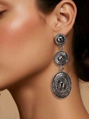 Triple Concho Earrings Silver Western Boho Cowgirl Jewelry Rodeo Glam Dangles